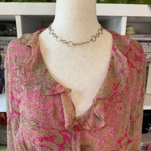 Vintage Y2K ICE Silk Paisley Beaded Ruffle Fairy Button Front Blouse Pink Wms XL - Picture 4 of 13